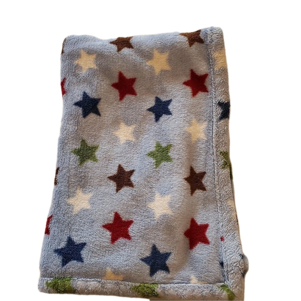 Tiddliwinks baby blanket Blue Stars Soft Fleece Green Red White